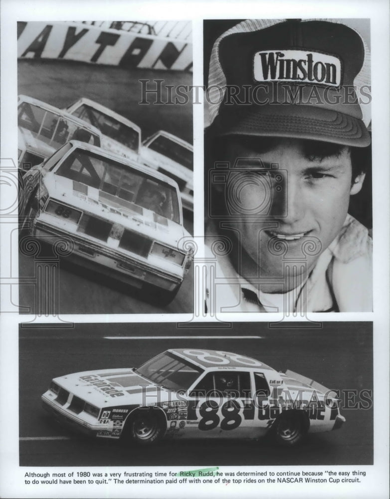 1980 Press Photo Ricky Rudd, auto racer, pictured here next to photos of 88 car- Historic Images