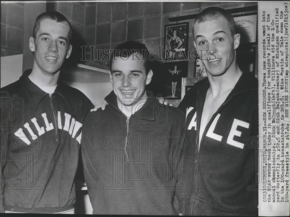 1964 Press Photo Dick McDough, Dick Nelson, Eike Austin break NCAA swim records- Historic Images