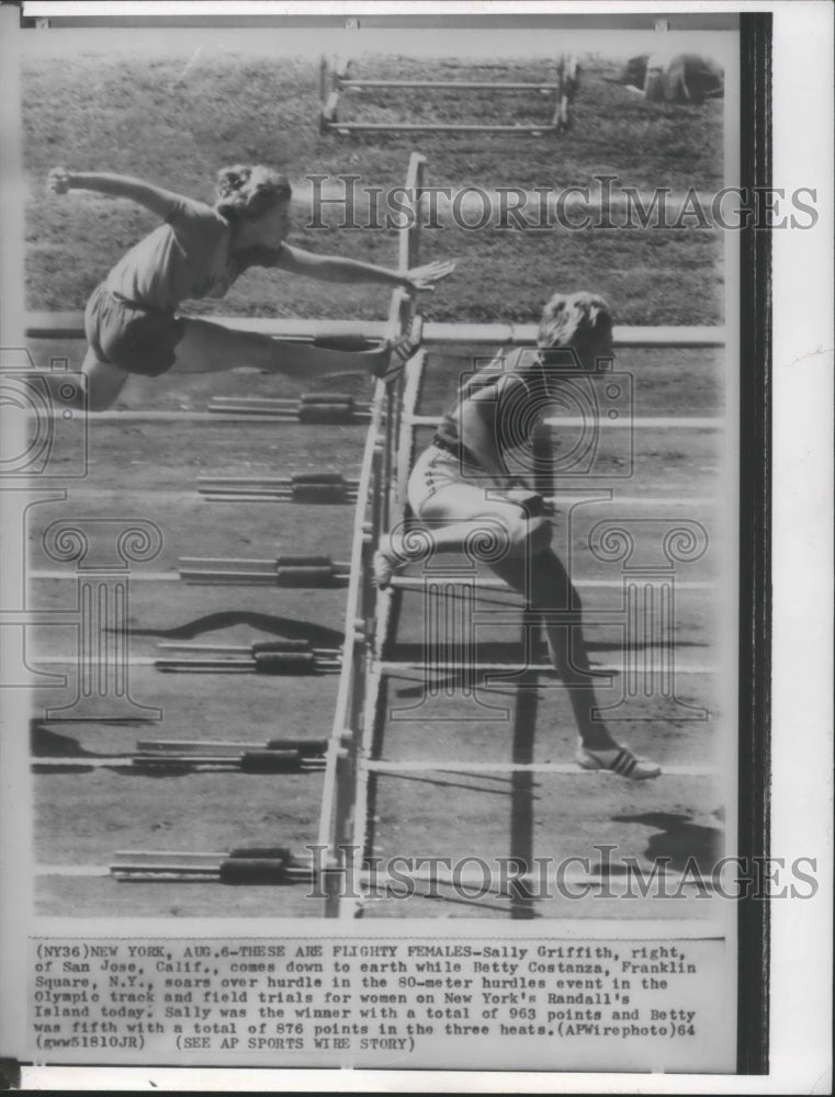 1964 Press Photo Sally Griffith and Betty Costanza, track runners, jump hurdles- Historic Images