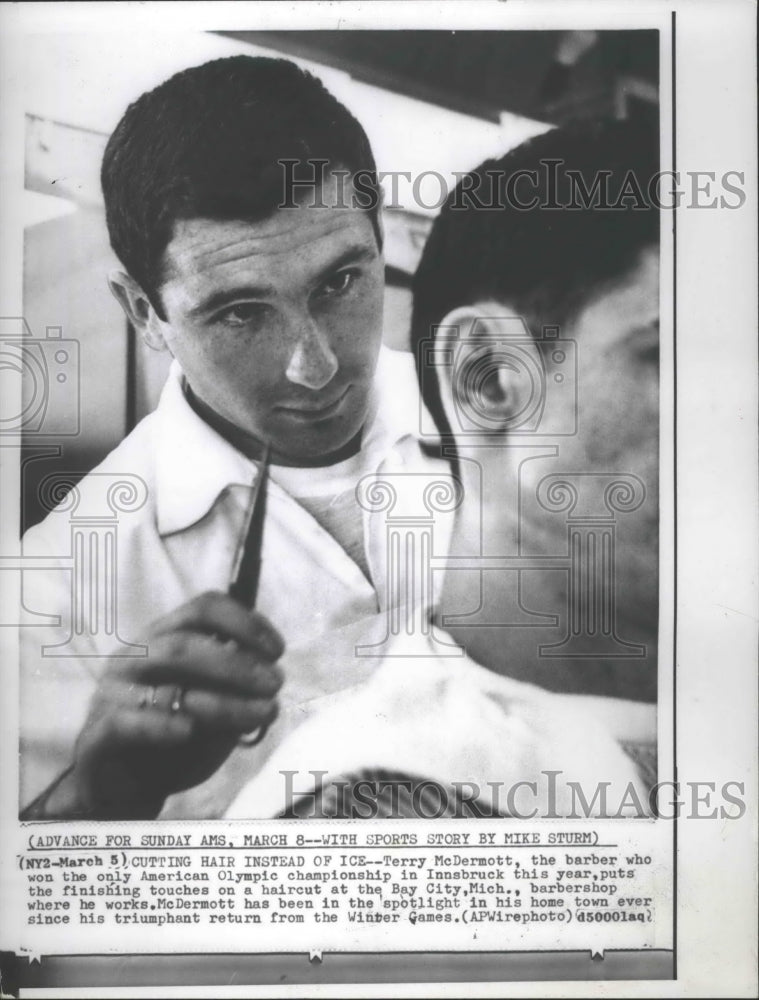 1964 Press Photo Olympic Ice Skater and Barber Terry McDermott Cutting Hair- Historic Images