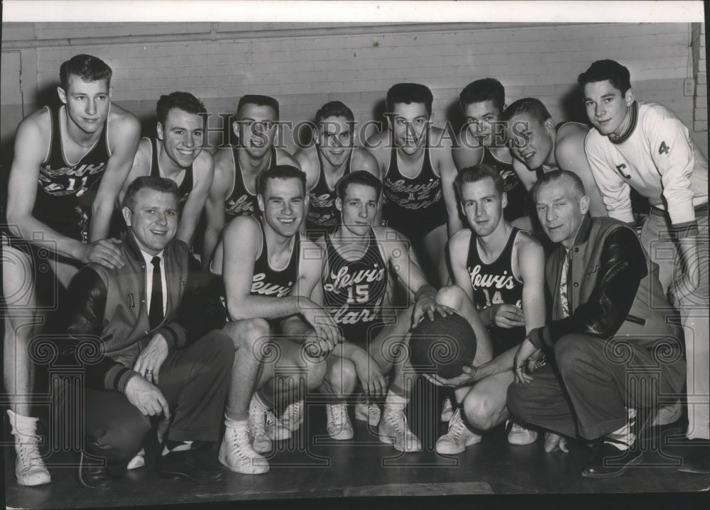 1956 Press Photo Lewis and Clark&#39;s state tournament team poses with basketball- Historic Images