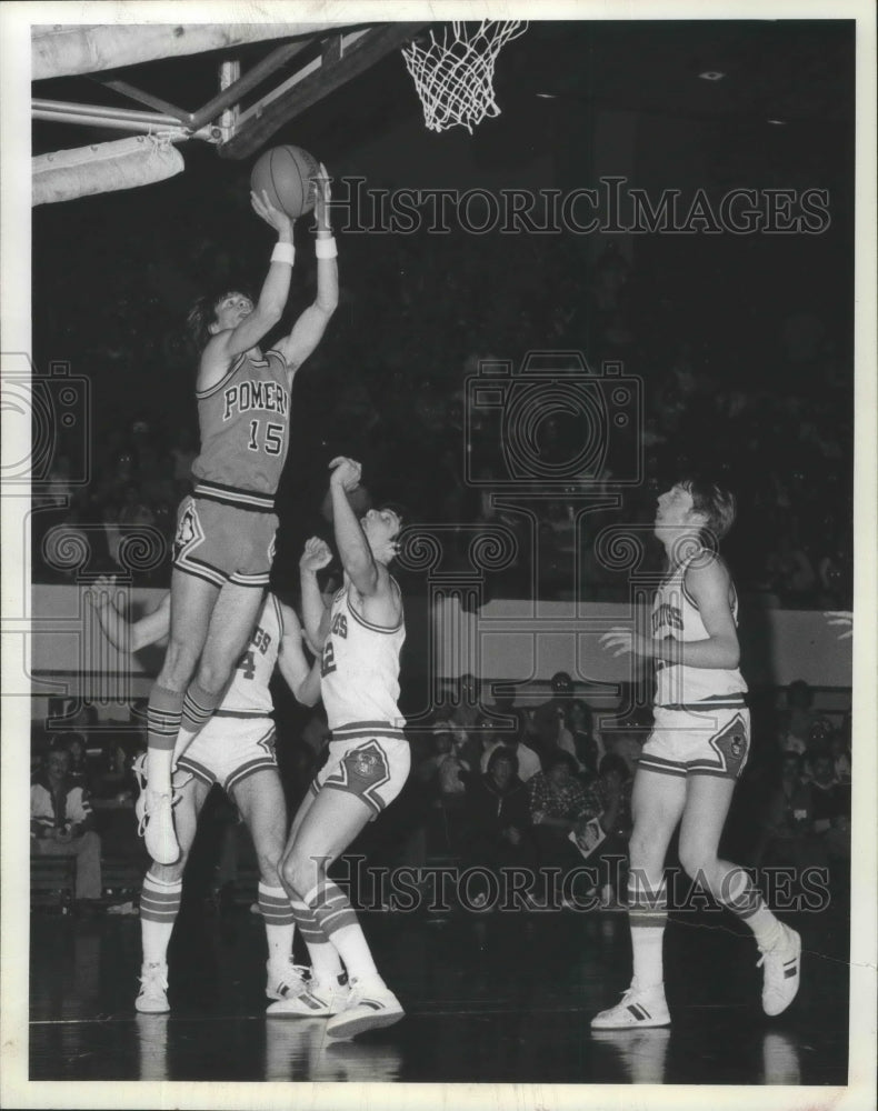 1960 Press Photo Jeff Reinland, Pomeroy High basketball player making jump shot- Historic Images