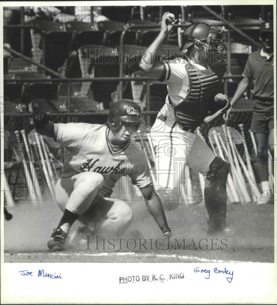 1988 Press Photo Mancini safe at home but Conley throws baseball for out at 3rd- Historic Images