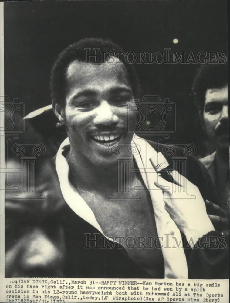 1973 Press Photo Ken Norton, professional boxer, is all smiles after big win- Historic Images