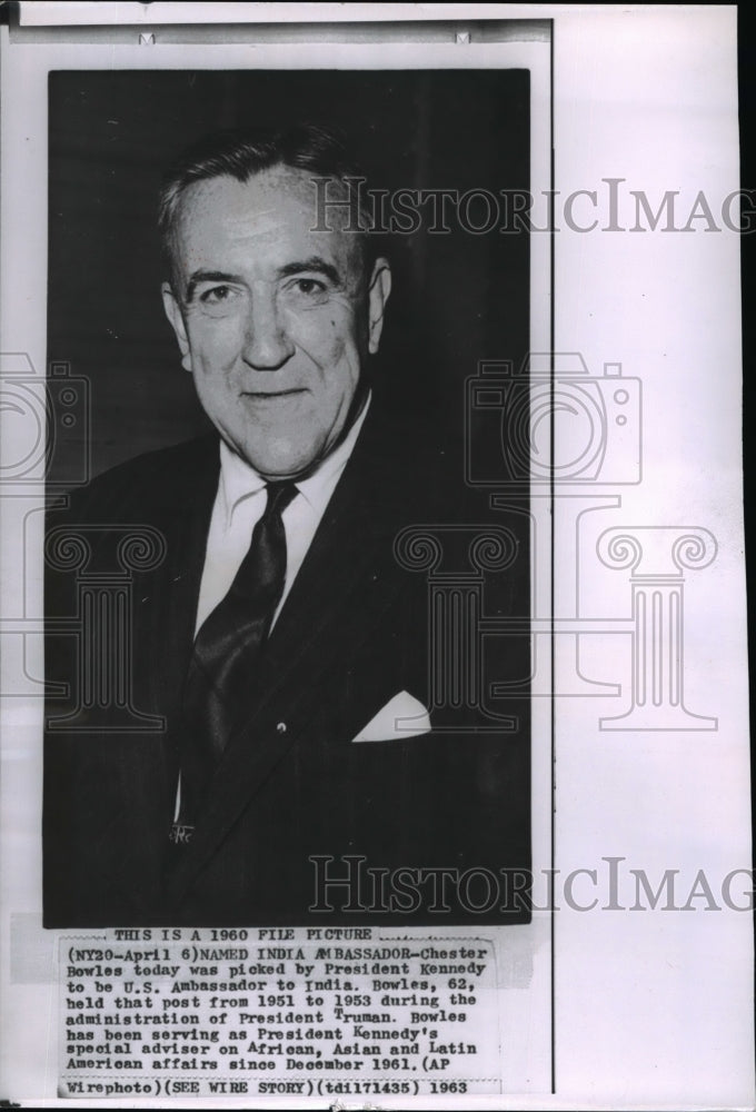 1963 Press Photo Chester Bowles was named Ambassador to India by Pres. Kennedy- Historic Images