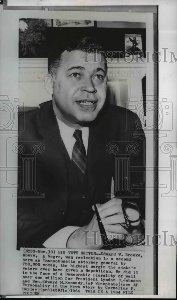 1964 Wire Photo Edward Brooke won for the second term election as Attorney Gen.- Historic Images