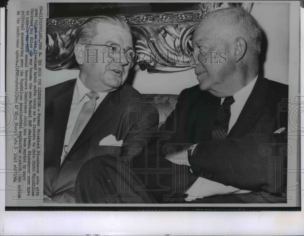 1964 Wire Photo President Eisenhower sits with Chairman Ray Bliss - spw00804- Historic Images