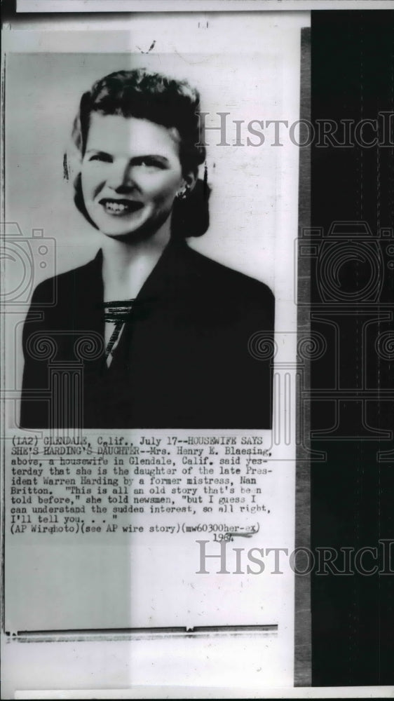 1964 Press Photo Mrs. Henry E. Blaesing claims to be daughter of late President- Historic Images