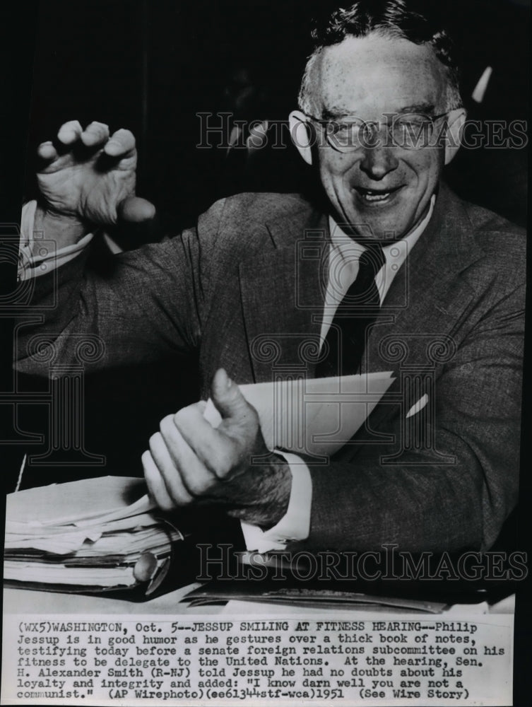 1951 Press Photo Philip Jessup gestures over a thick book of notes - spw02733- Historic Images