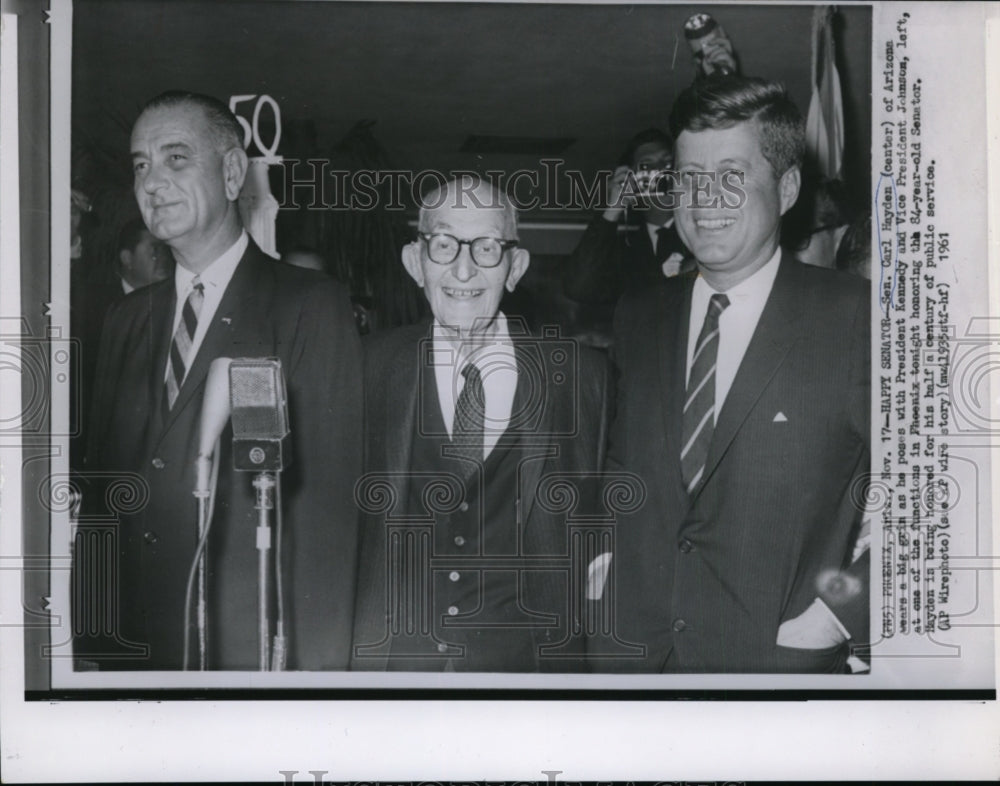 1961 Wire Photo Sen. Carl Hayden posing with Pres. Kennedy and V.P. Johnson- Historic Images