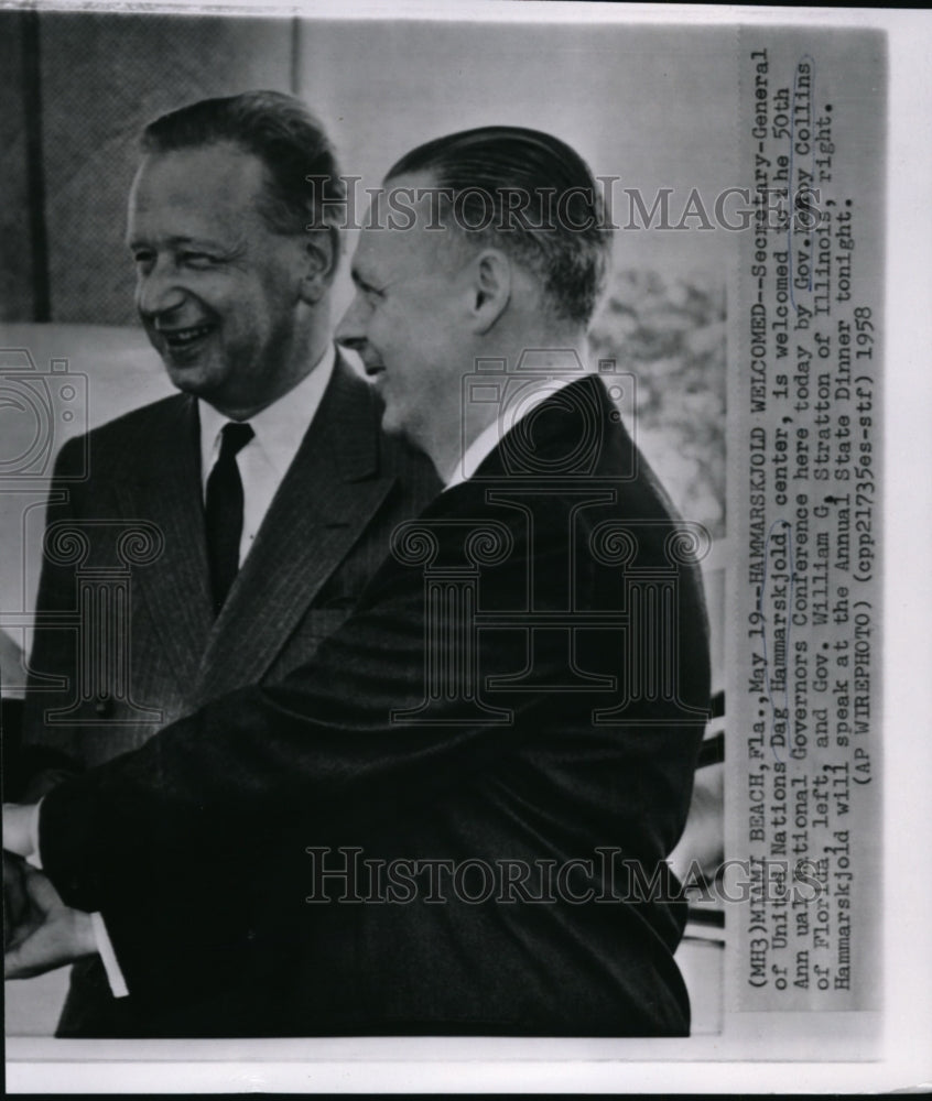 1958 Press Photo Secretary Gen. of U.N. Dag Hammarskjold and Gov. LeRoy Collins- Historic Images