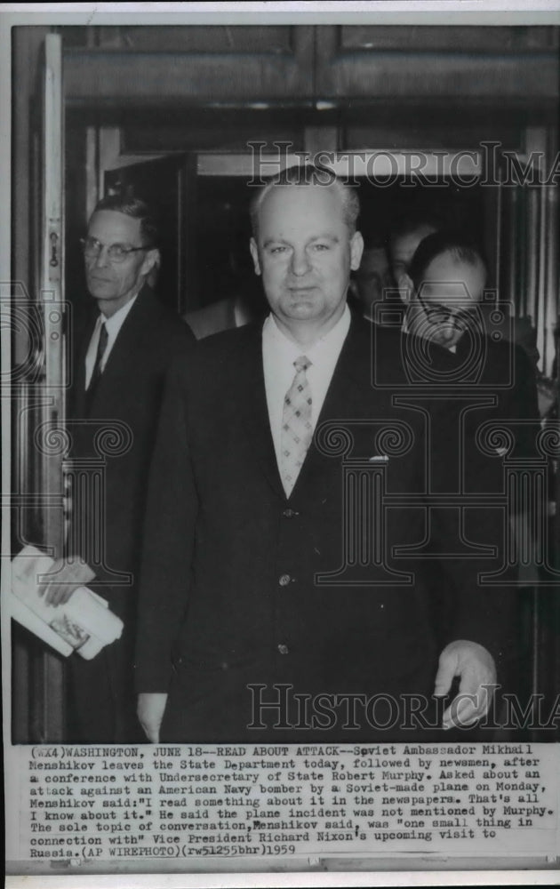 1959 Press Photo Soviet Ambassador Mikhail Menshikov leaving state department.- Historic Images