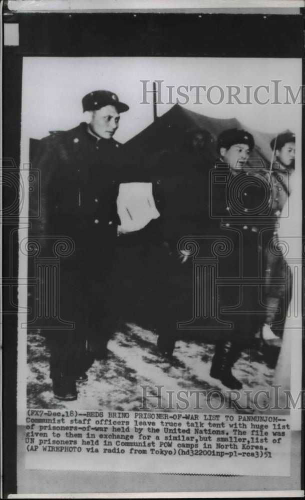 1951 Press Photo Communist staff officers leaving truce talk tent with POW list- Historic Images