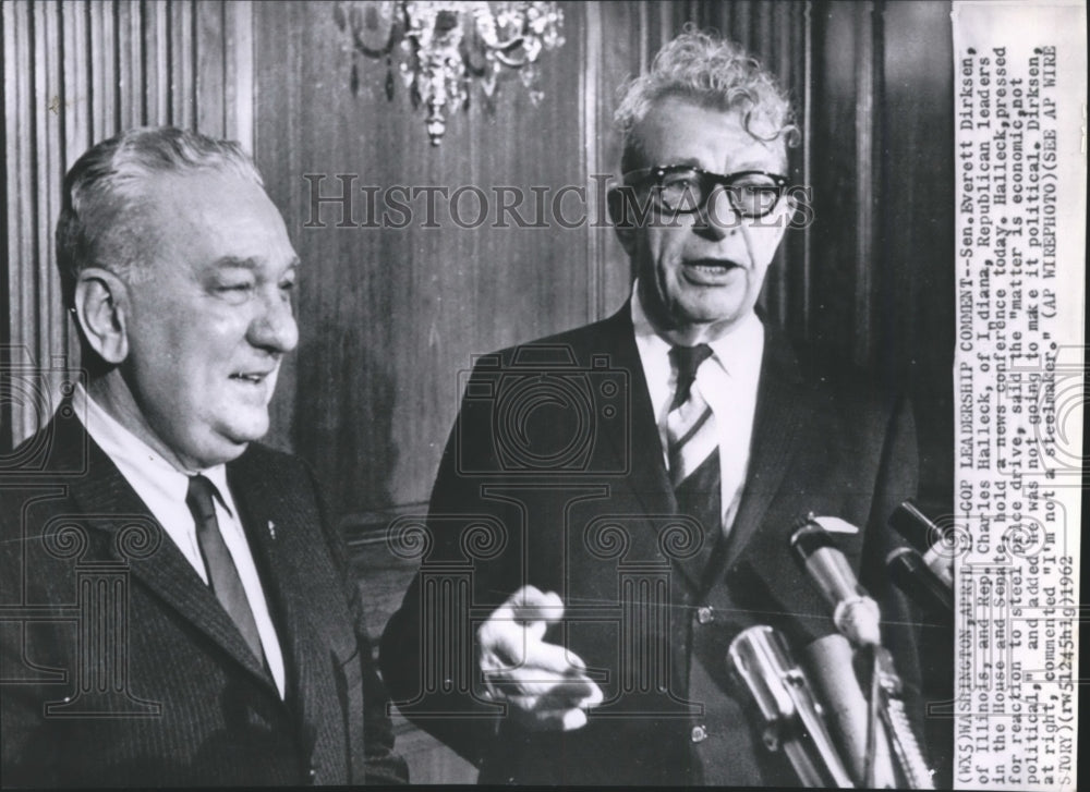 1962 Press Photo Sen. Everett Dirksen, Rep. Charles Halleck, at press conference- Historic Images