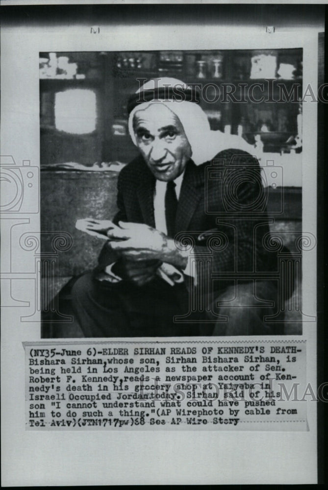 1968 Press Photo Bishara Sirhan reads newspaper account of Sen. Kennedy&#39;s death- Historic Images