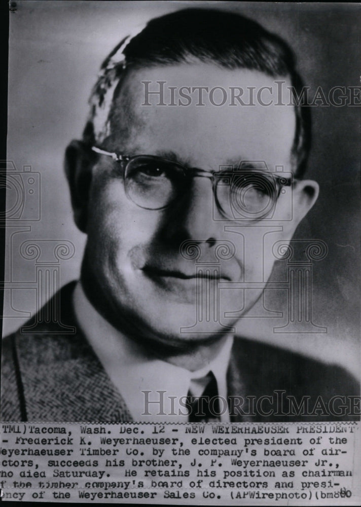 1956 Press Photo Frederick K. Weyerhaeuser newly elected president of Timber Co.- Historic Images