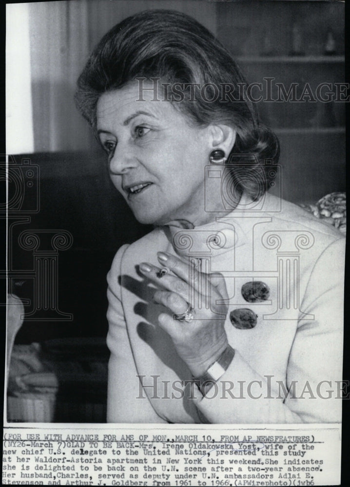 1969 Press Photo Mrs. Irene Oldakowska Yost, wife of chief US delegate to UN- Historic Images