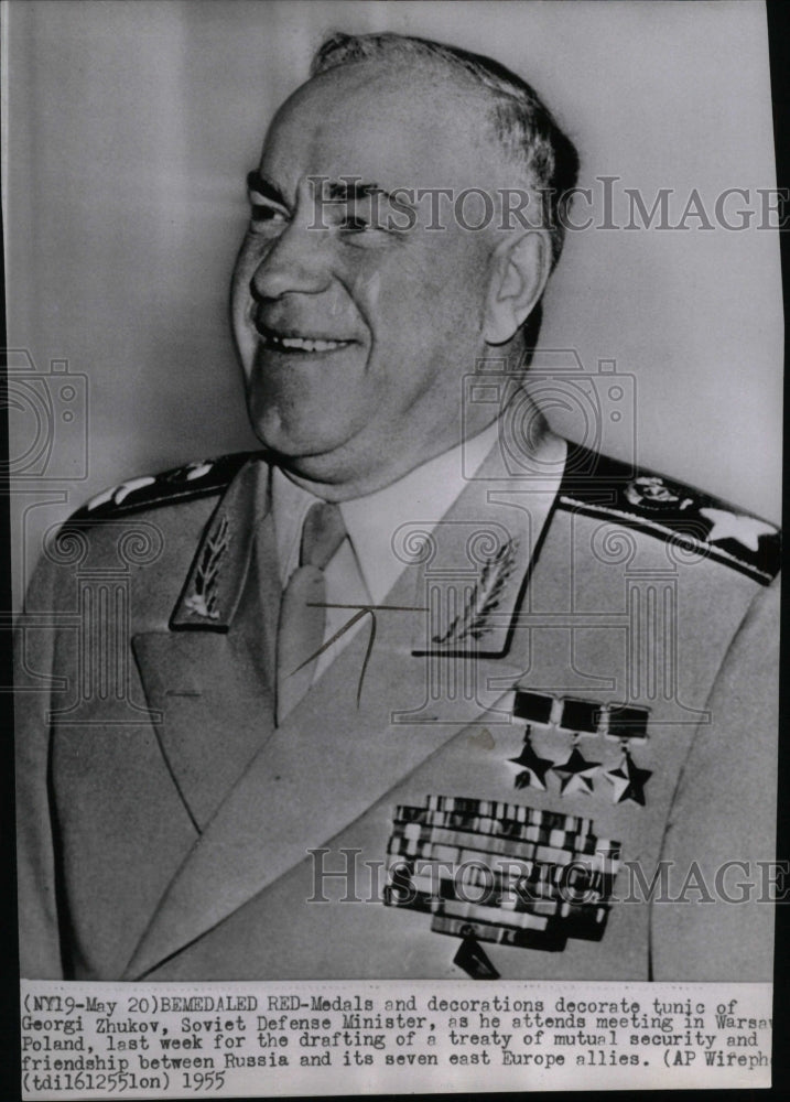 1955 Press Photo Georgi Zhukov attends meeting in Warsaw Poland to draft treaty- Historic Images