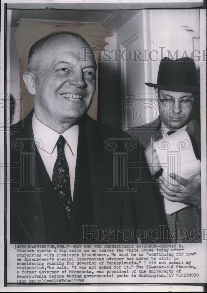 1958 Press Photo Harold E. Stassen at WHite House for meeting with President- Historic Images