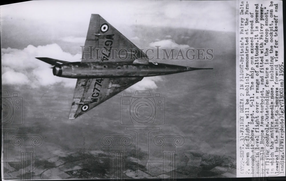 1955 Press Photo Britain&#39;s Fairey Delta 2 jet is powered by Rolls Royce turbojet- Historic Images