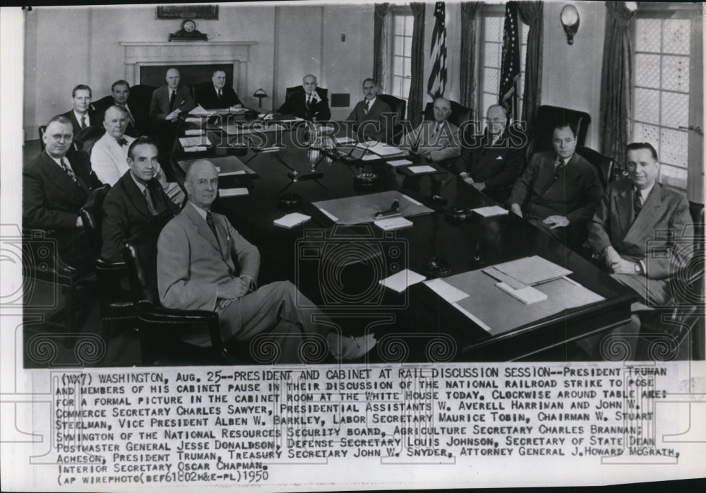 1950 Press Photo President Truman &amp; cabinet members discuss railroad strike- Historic Images