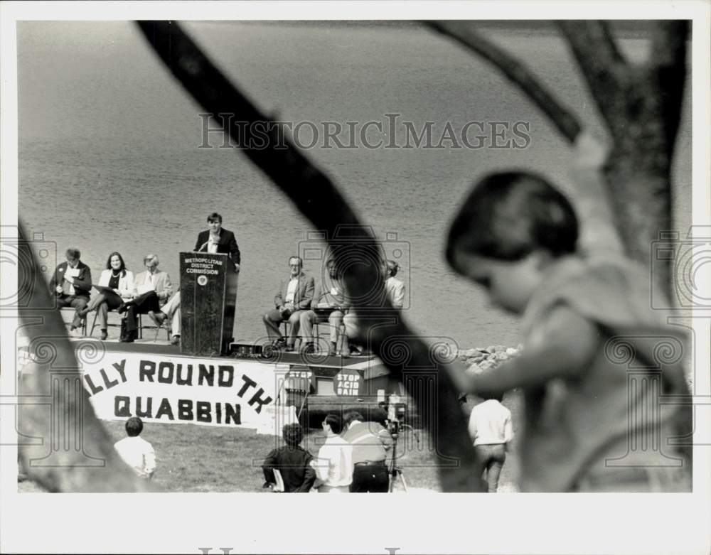 1985 Press Photo Youngster climbs tree at &quot;Rally Round the Quabbin&quot; event, MA- Historic Images