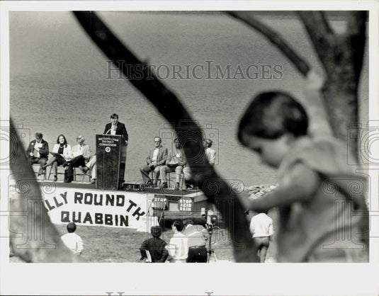 1985 Press Photo Youngster climbs tree at "Rally Round the Quabbin" event, MA- Historic Images