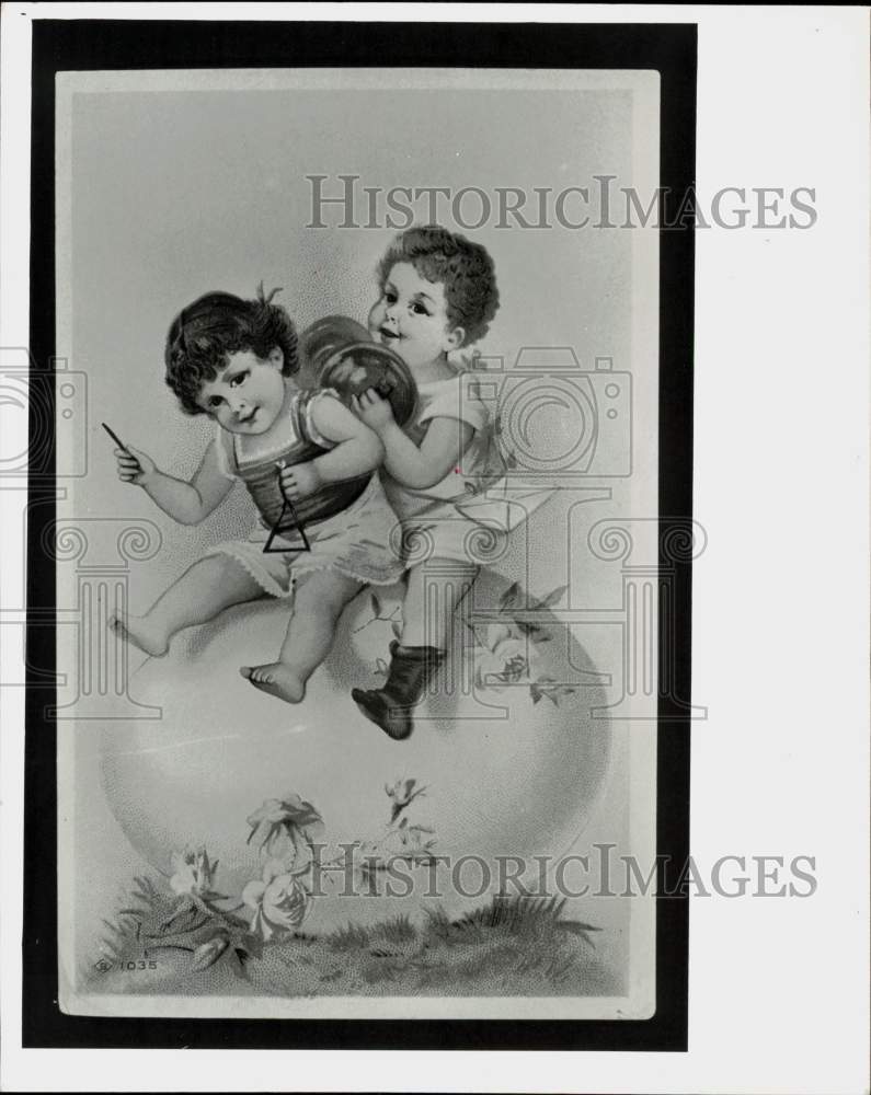 Press Photo Card Illustration of Children riding Giant Egg - sra29101- Historic Images