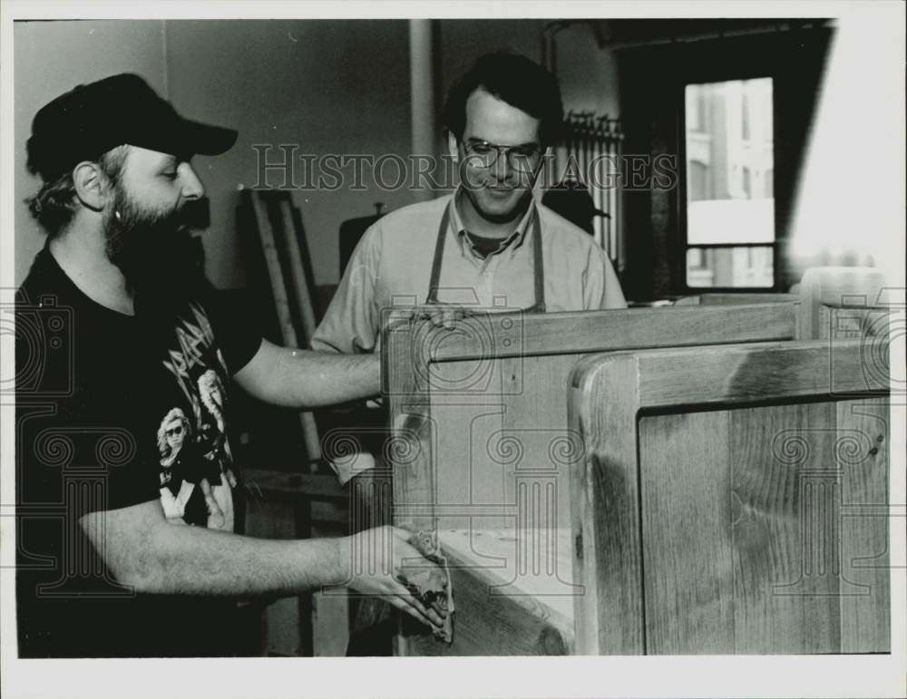 1990 Press Photo Michael Neveu, Peter McLean Work on Furniture in Holyoke, MA- Historic Images