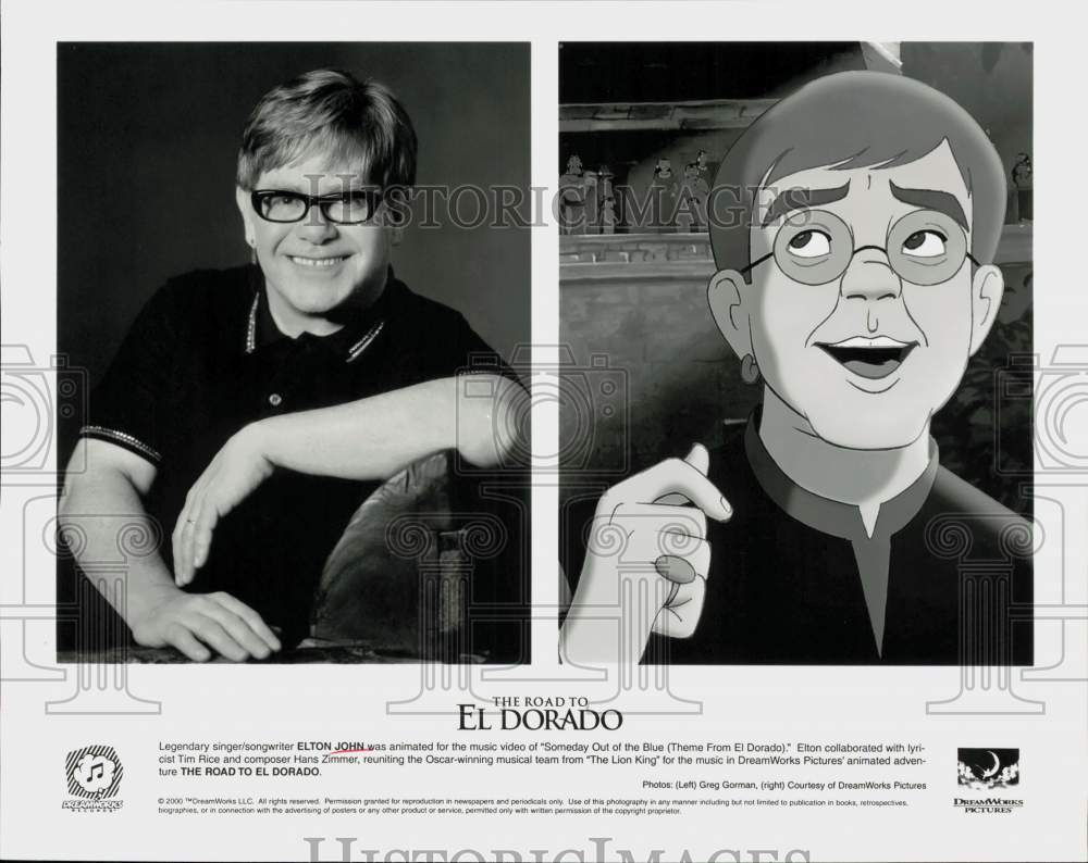 2000 Press Photo Elton John featured in music video for &quot;The Road to El Dorado.&quot;- Historic Images