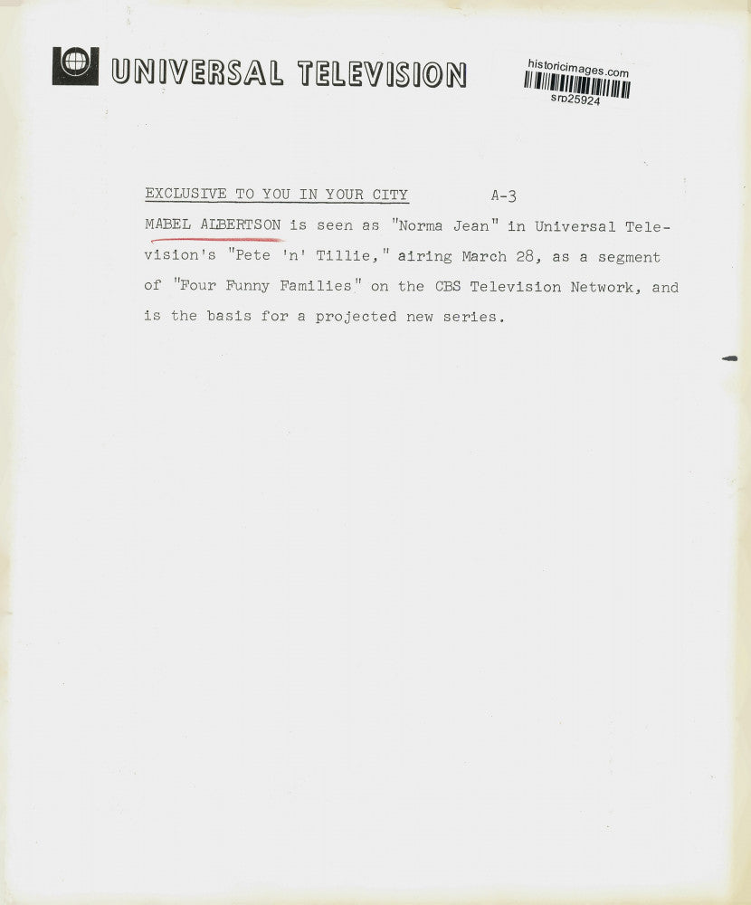 Press Photo Mabel Albertson stars in "Pete 'n' Tillie," on CBS Television.