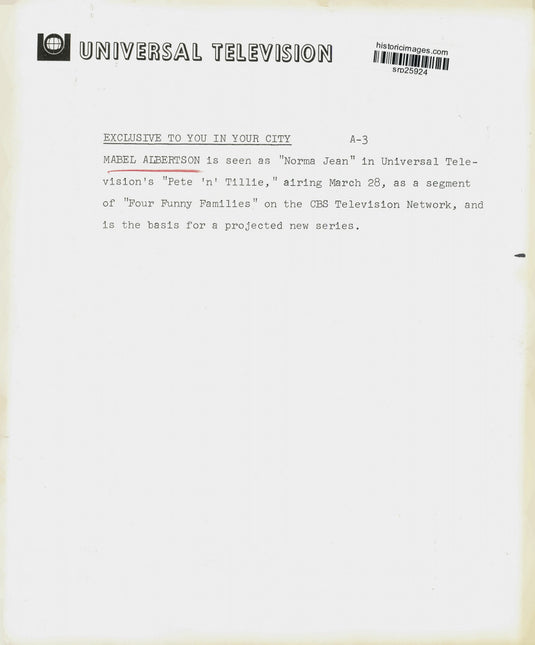Press Photo Mabel Albertson stars in "Pete 'n' Tillie," on CBS Television.