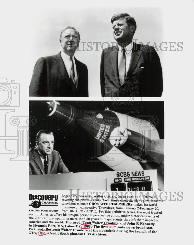 Load image into Gallery viewer, 1963 Press Photo Walter Cronkite with John F. Kennedy &amp; During GT-7 Launch
