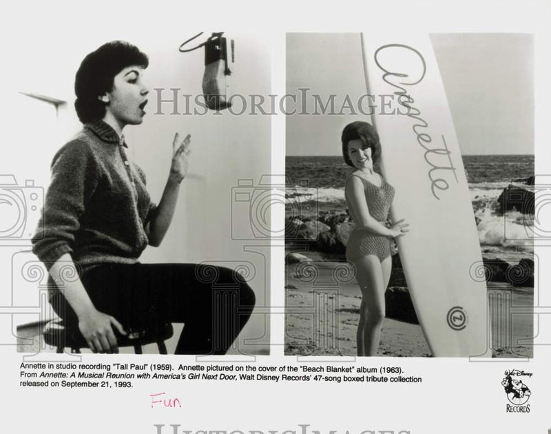 Load image into Gallery viewer, 1963 Press Photo Annette Funicello in Studio &amp; on "Beach Blanket" Album Cover
