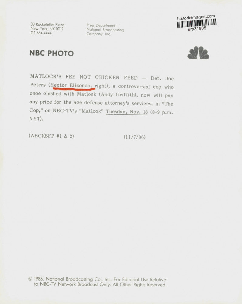1986 Press Photo Hector Elizondo & Andy Griffith on "Matlock" - srp31905