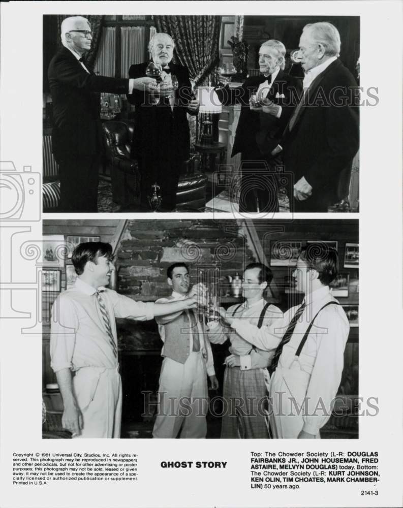 Load image into Gallery viewer, 1981 Press Photo Chowder Society Sharing a Toast in "Ghost Story" Movie Scenes
