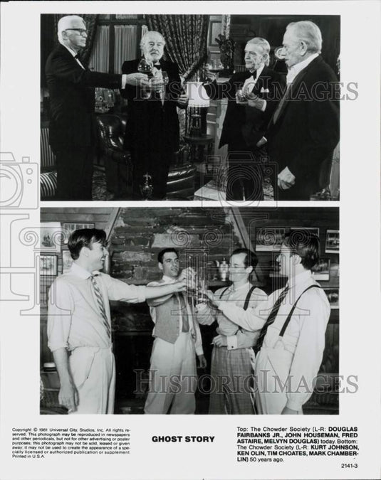 1981 Press Photo Chowder Society Sharing a Toast in "Ghost Story" Movie Scenes