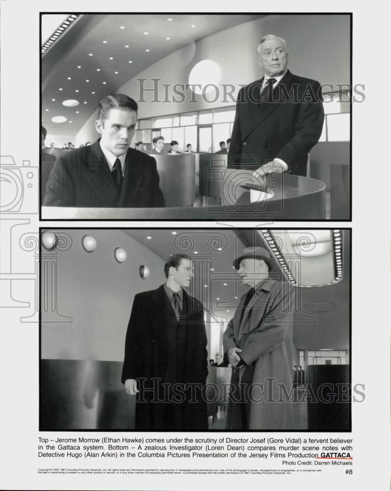 Load image into Gallery viewer, 1997 Press Photo Ethan Hawke, Gore Vidal, Loren Dean, Alan Arkin in "Gattaca"
