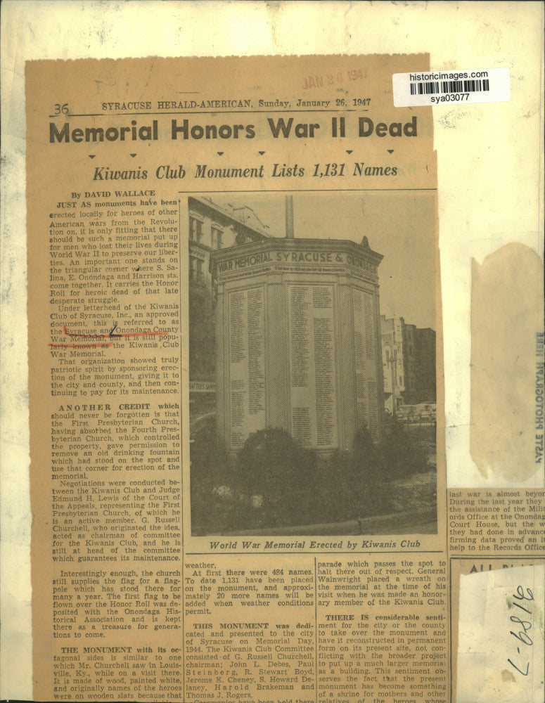 1947 Press Photo Kiwanis Club War Memorial of Syracuse and Onondaga County
