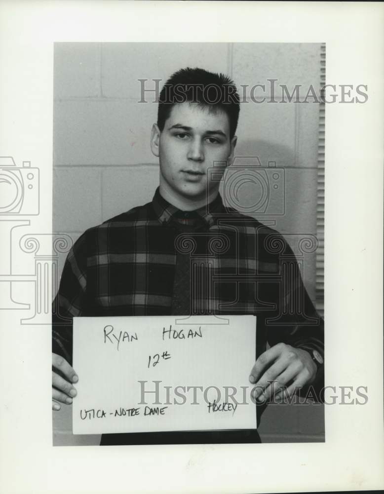 1989 Press Photo Ryan Hogan, Utica Notre Dame School Hockey Player - sya16130- Historic Images