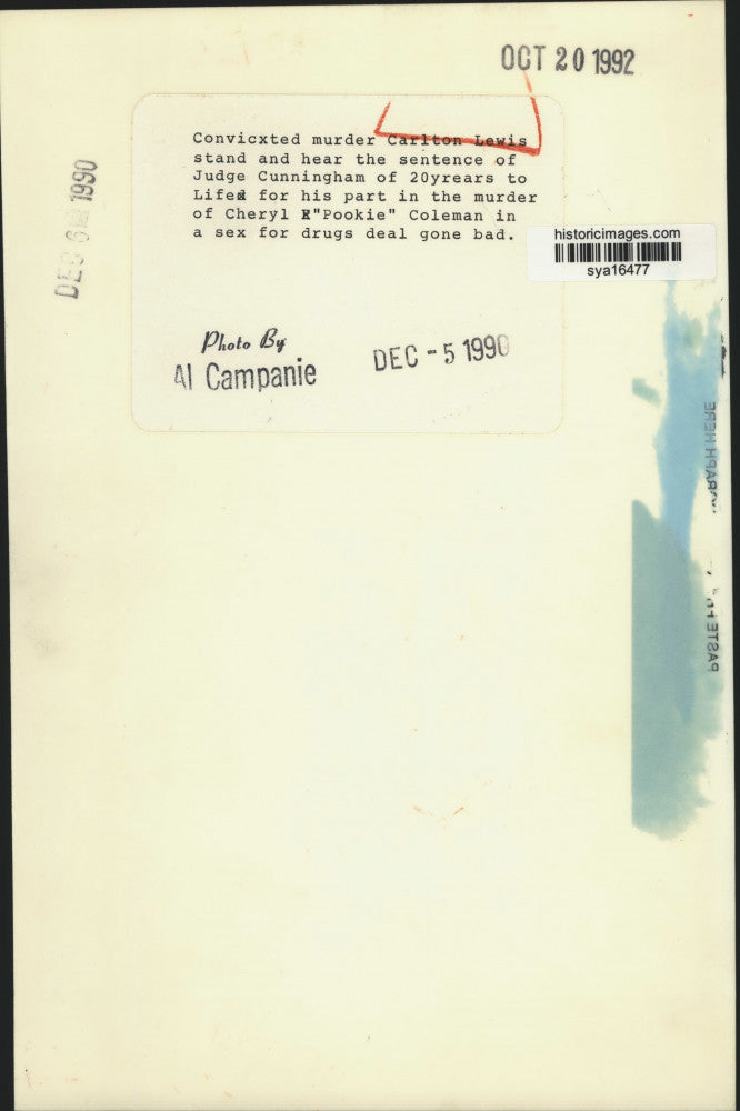 1990 Press Photo Carlton Lewis at Murder Trial Sentencing at Court - sya16477