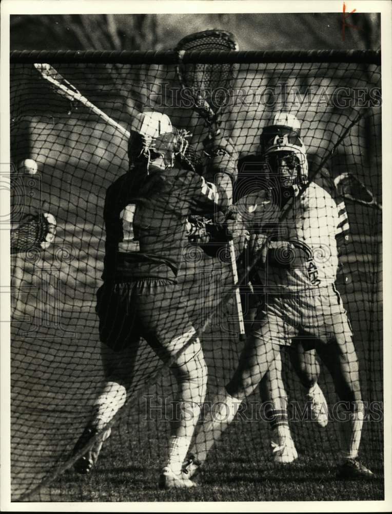 1984 Press Photo West Genesee Lacrosse Team Player Scores Goal at Game- Historic Images