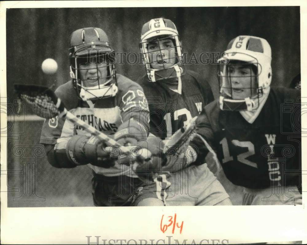 1984 Press Photo West Genesee Lacrosse Players Tom Gravante and Kelley Carr- Historic Images