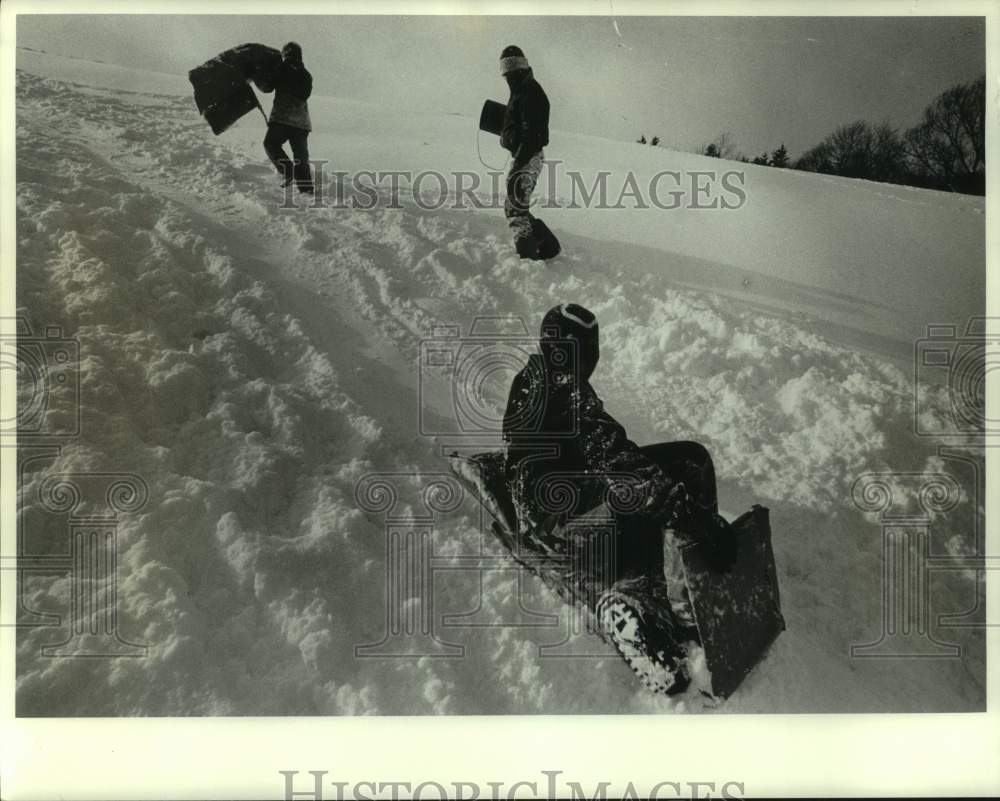 1984 Press Photo John and Eddie Wissel Snow Sledding at Thornden Park- Historic Images