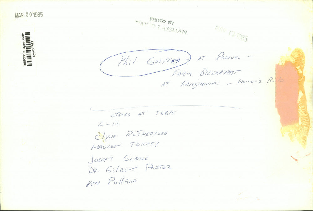 1985 Press Photo Phil Griffen at Podium, Farm Breakfast, Syracuse, New York