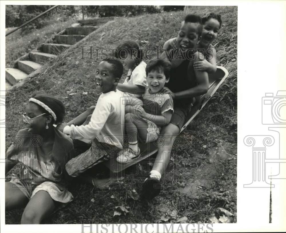 1990 Press Photo Children use Snow Sled on Grassy Hill in New York - sya62304- Historic Images