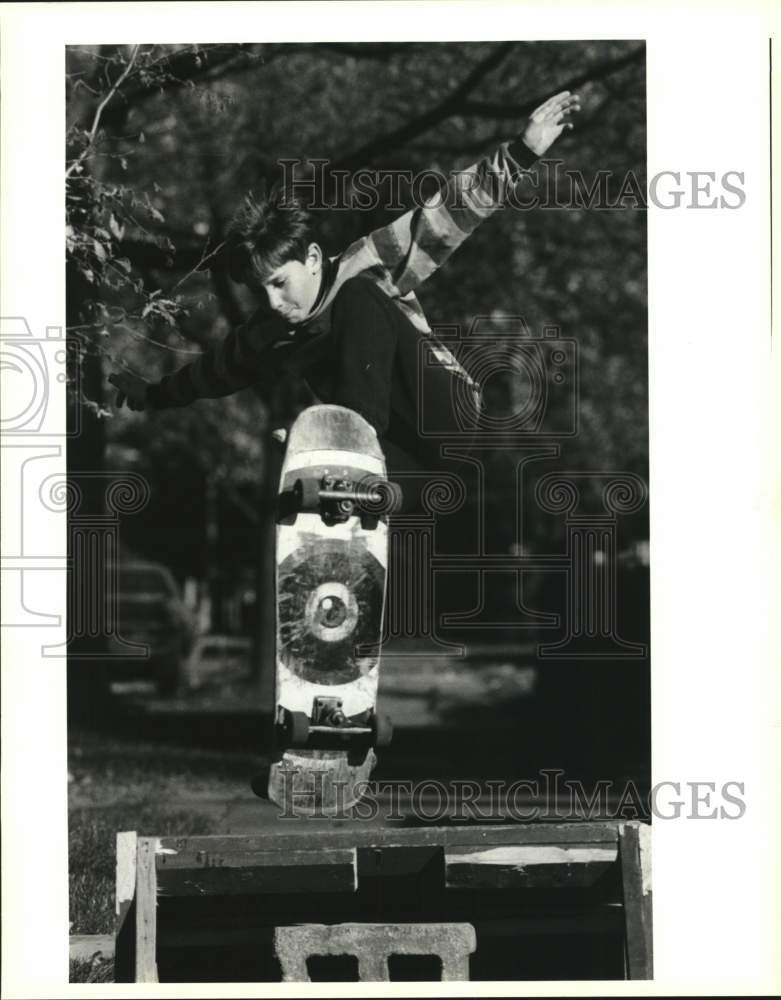 1990 Press Photo Jason Miller Launches Over Skateboard Jump in Oneida, New York- Historic Images
