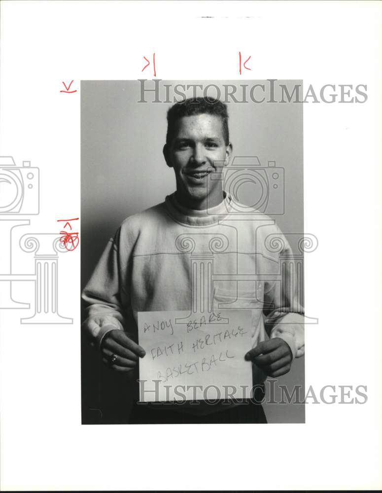 1990 Press Photo Andy Beare, Faith Heritage Basketball Player - sya62854- Historic Images
