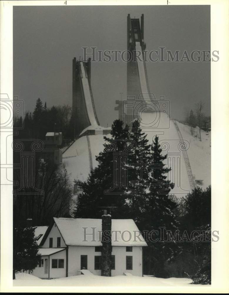 1990 Press Photo View of Olympic Games Ski Jump Towers, Lake Placid, New York- Historic Images