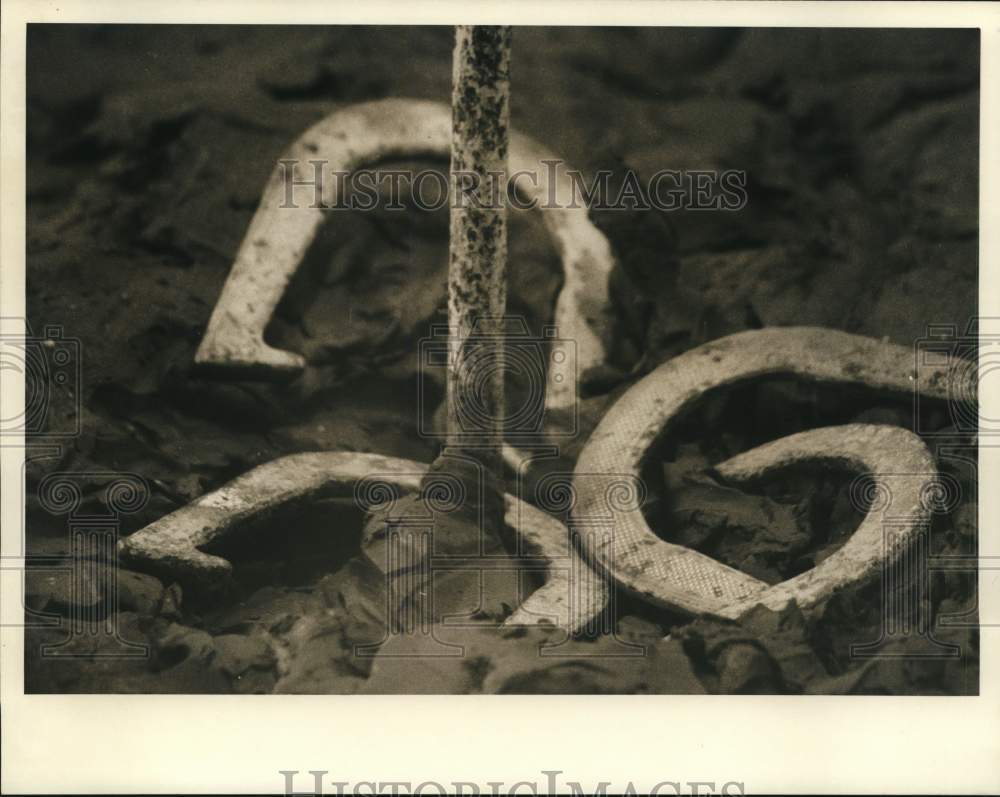 1984 Press Photo Horseshoes thrown by Les Dumas and John Ruston, New York- Historic Images